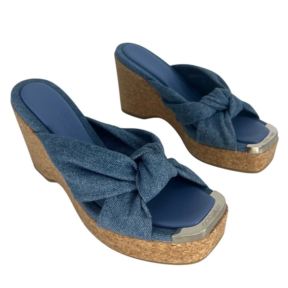 Jimmy Choo Avenue 110 Denim Wedge Sandals Knotted Upper 37 - Picture 7 of 16